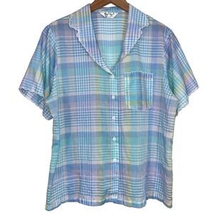 Vintage 80s Cheryl Tiegs Pastel Plaid Short Sleeve Button Up Shirt Size L